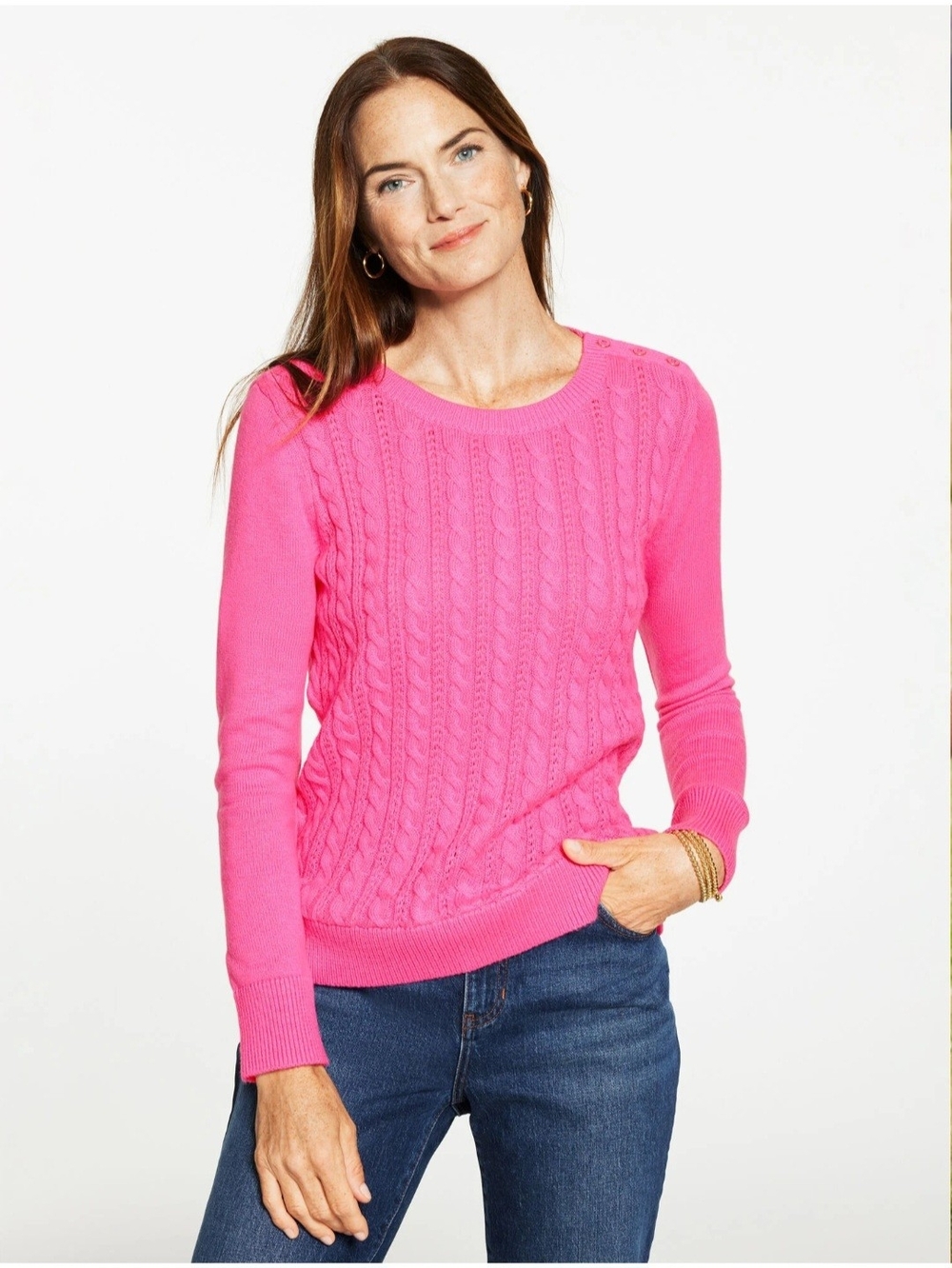 Talbots Classic Cable Knit Crewneck Sweater - Hot Pink